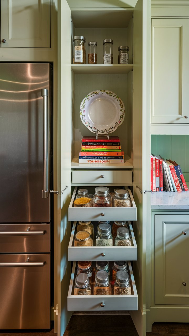 1. Slim Vertical Pantry Between Fridge and Wall