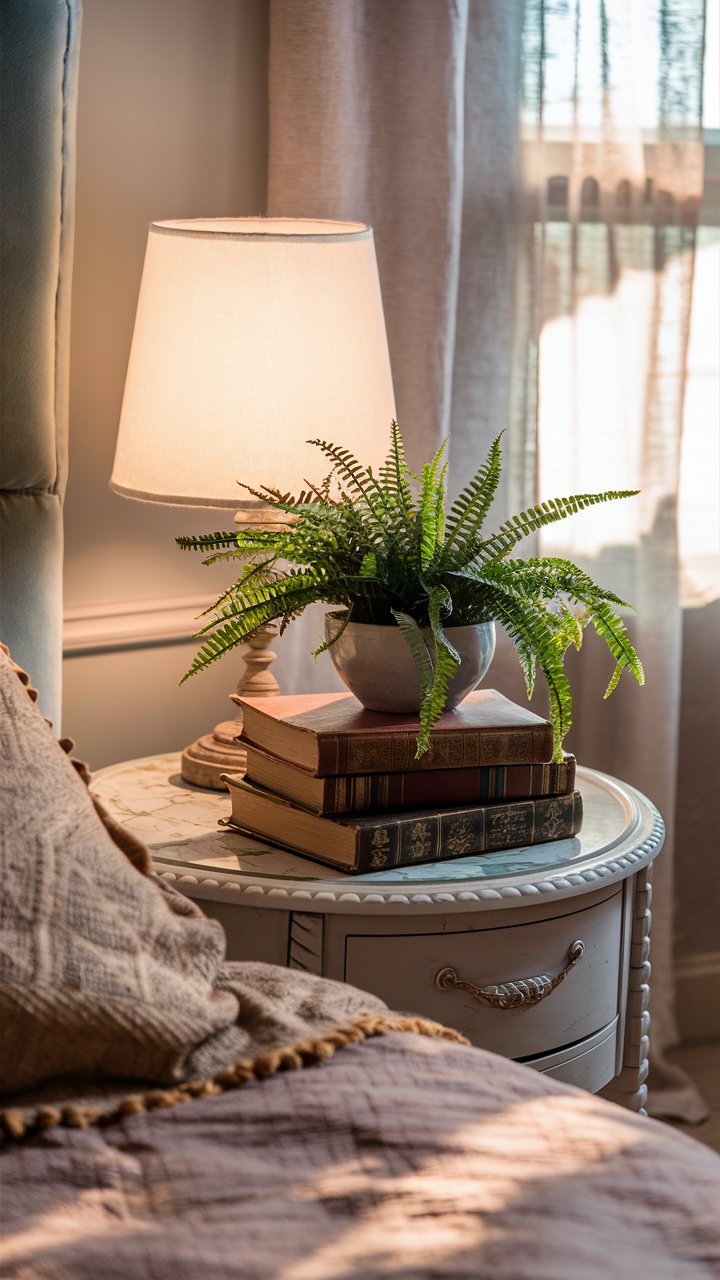 12. Bedside Table with Mini Fern and Book Stack