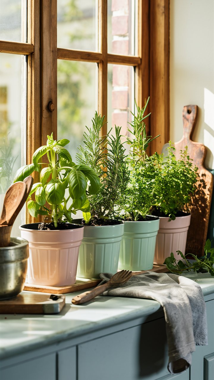 8. Kitchen Windowsill Herb Garden in Uniform Pots