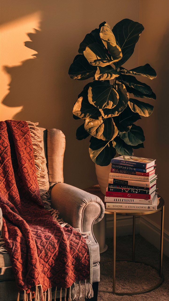 15. Cozy Reading Nook with Floor Plant and Throw