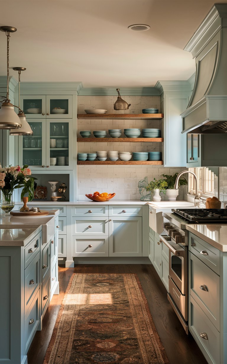 6. Compact U-Shaped Kitchen With Open Shelving and Light Colors