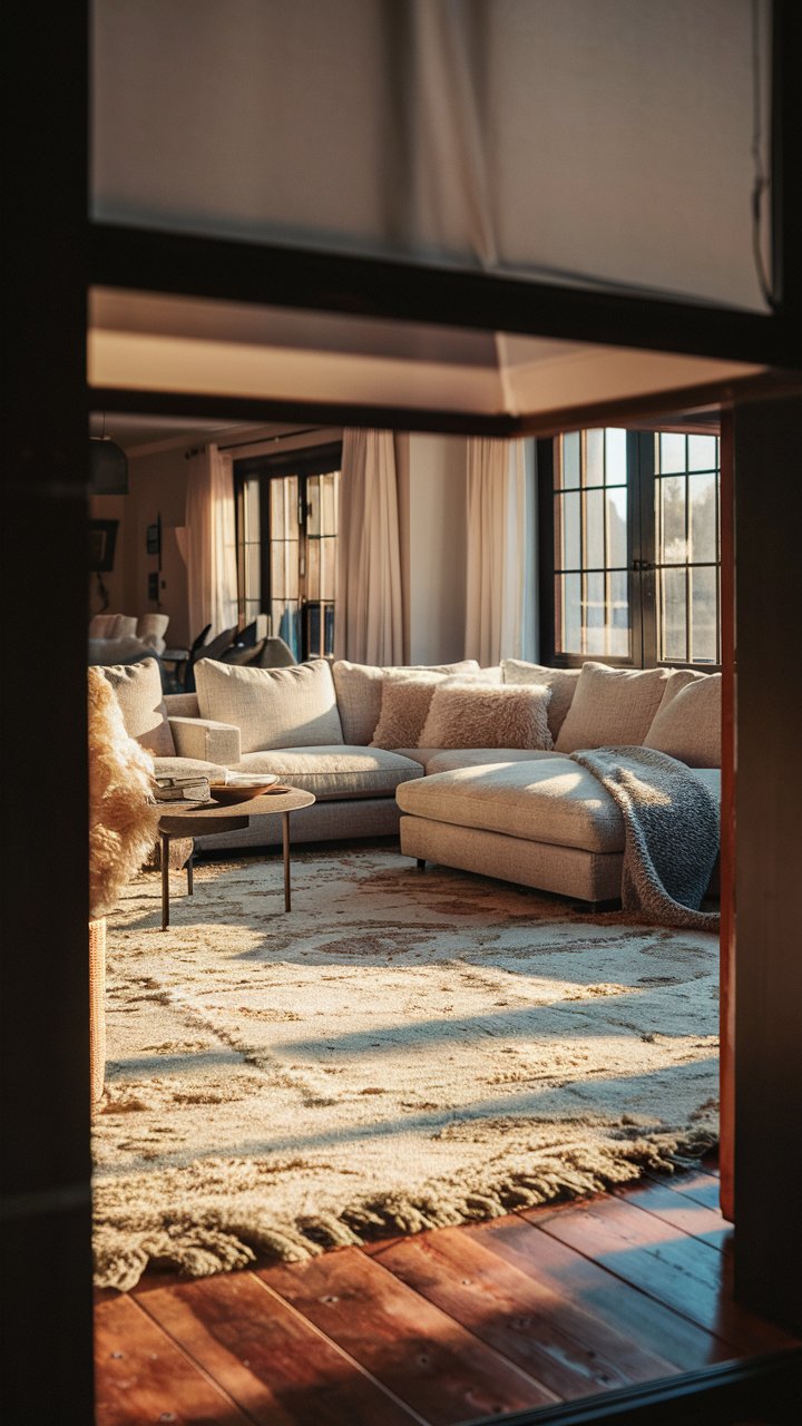 9. Plush Area Rug Layered Over Hardwood Floors