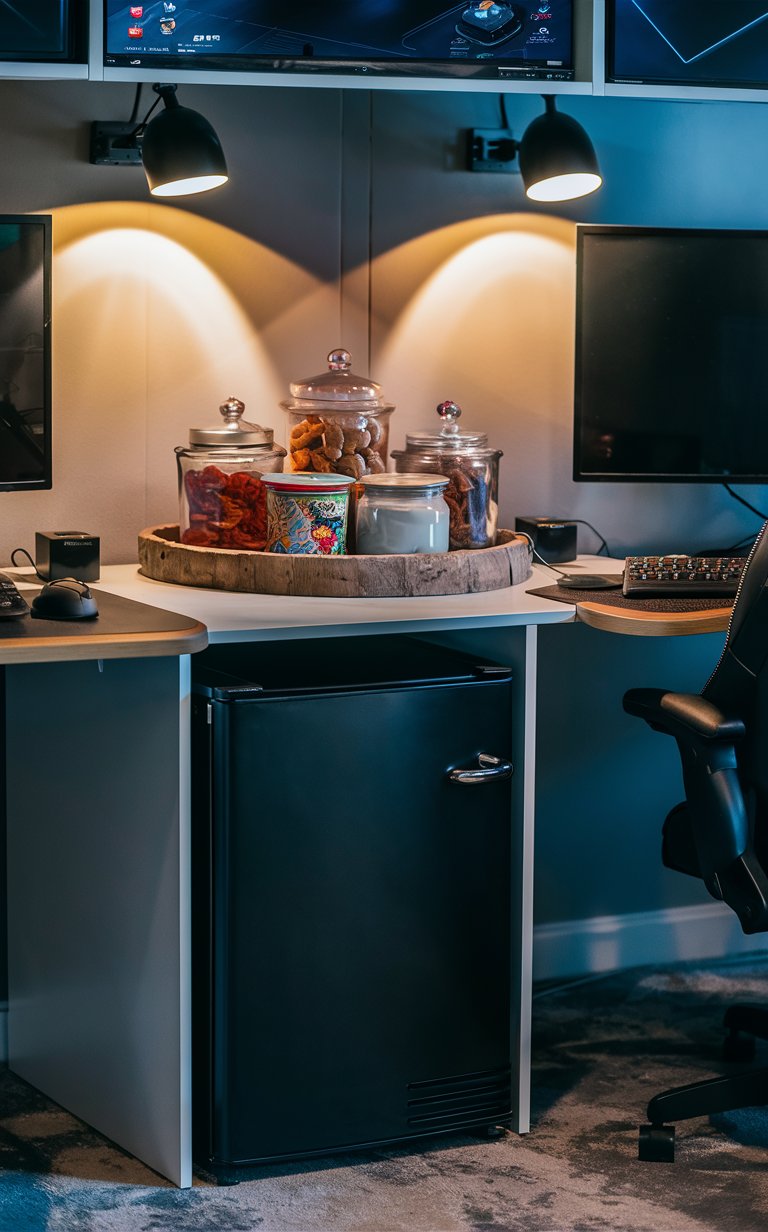 11. Mini Fridge & Snack Station Under Desk