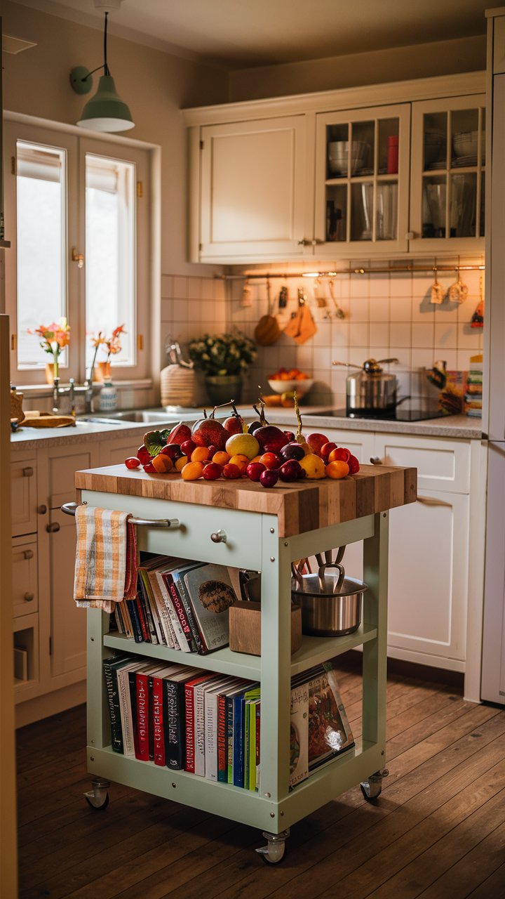 4. Rolling Tiny Kitchen Island With Built-In Storage