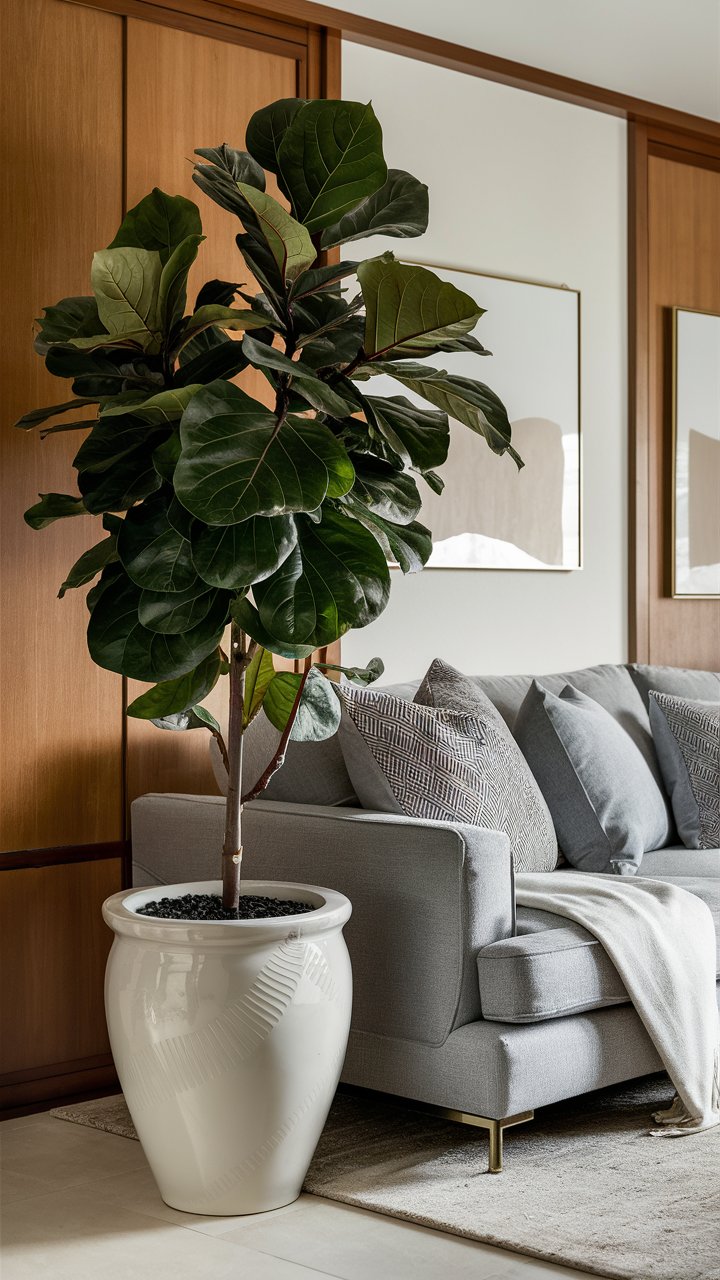 2. Single Large Statement Plant by the Sofa