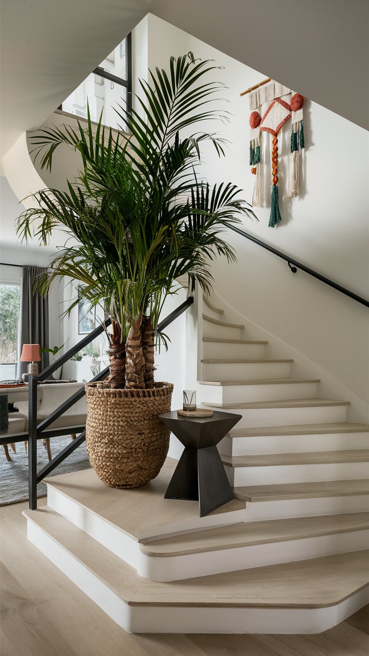 10. Staircase Landing with a Tall Palm or Dracaena