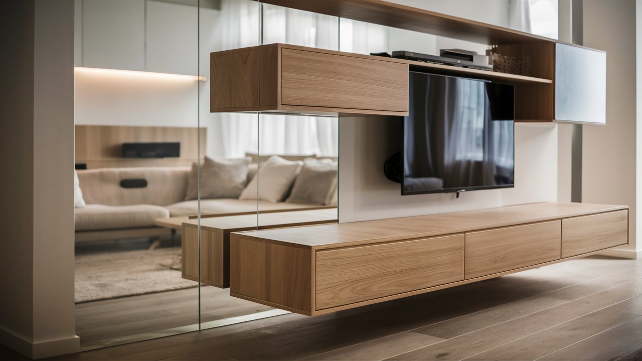 5. Sleek Floating Media Console with Hidden Storage