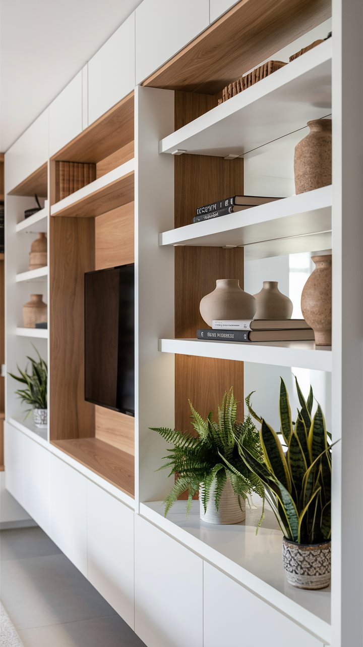19. Built‑in Shelving with Curated Objects and Greenery