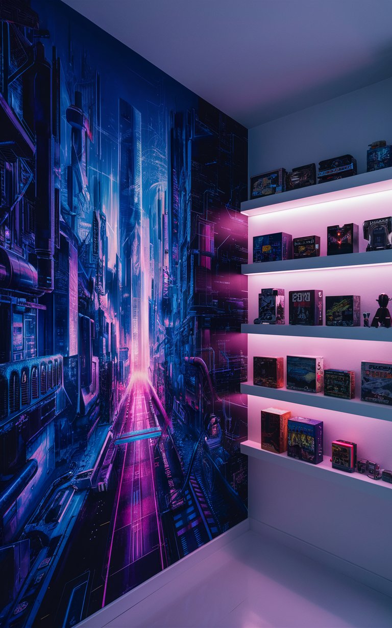 8. Themed Accent Wall (e.g. Cyberpunk Mural)