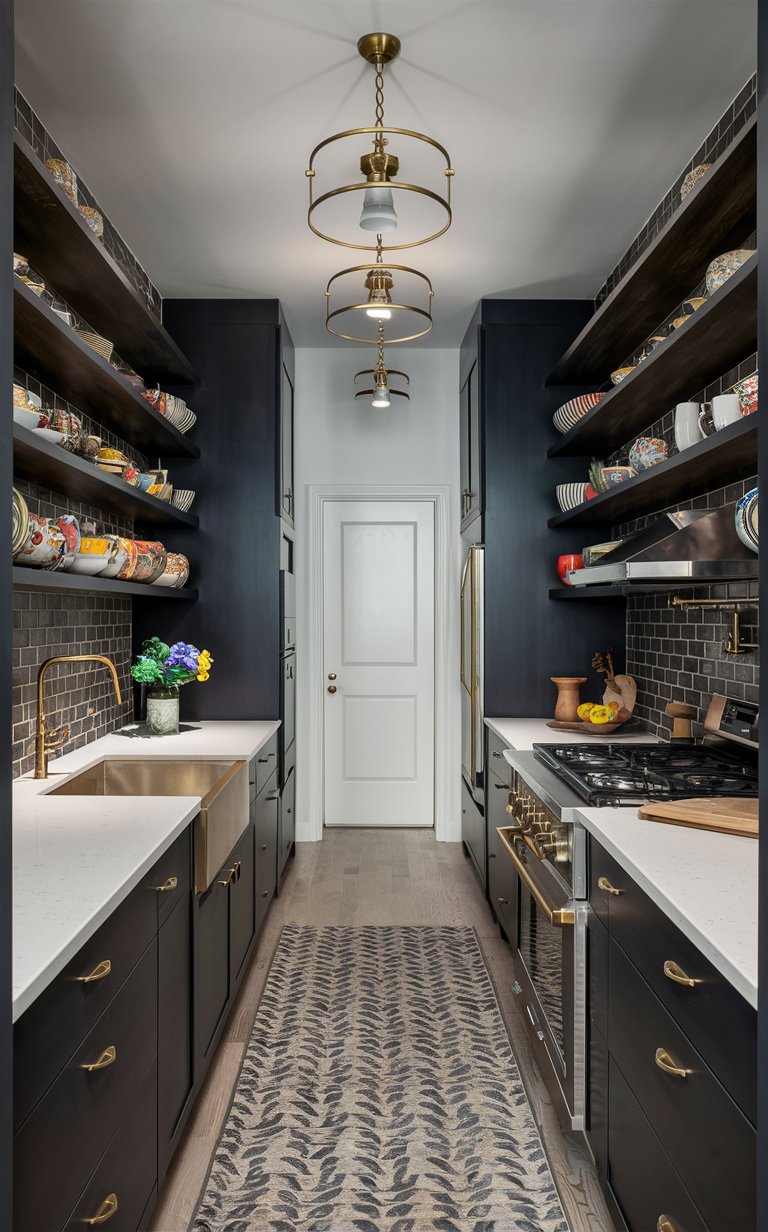 9. Bold Galley Kitchen With Dark Cabinets and Brass Fixtures