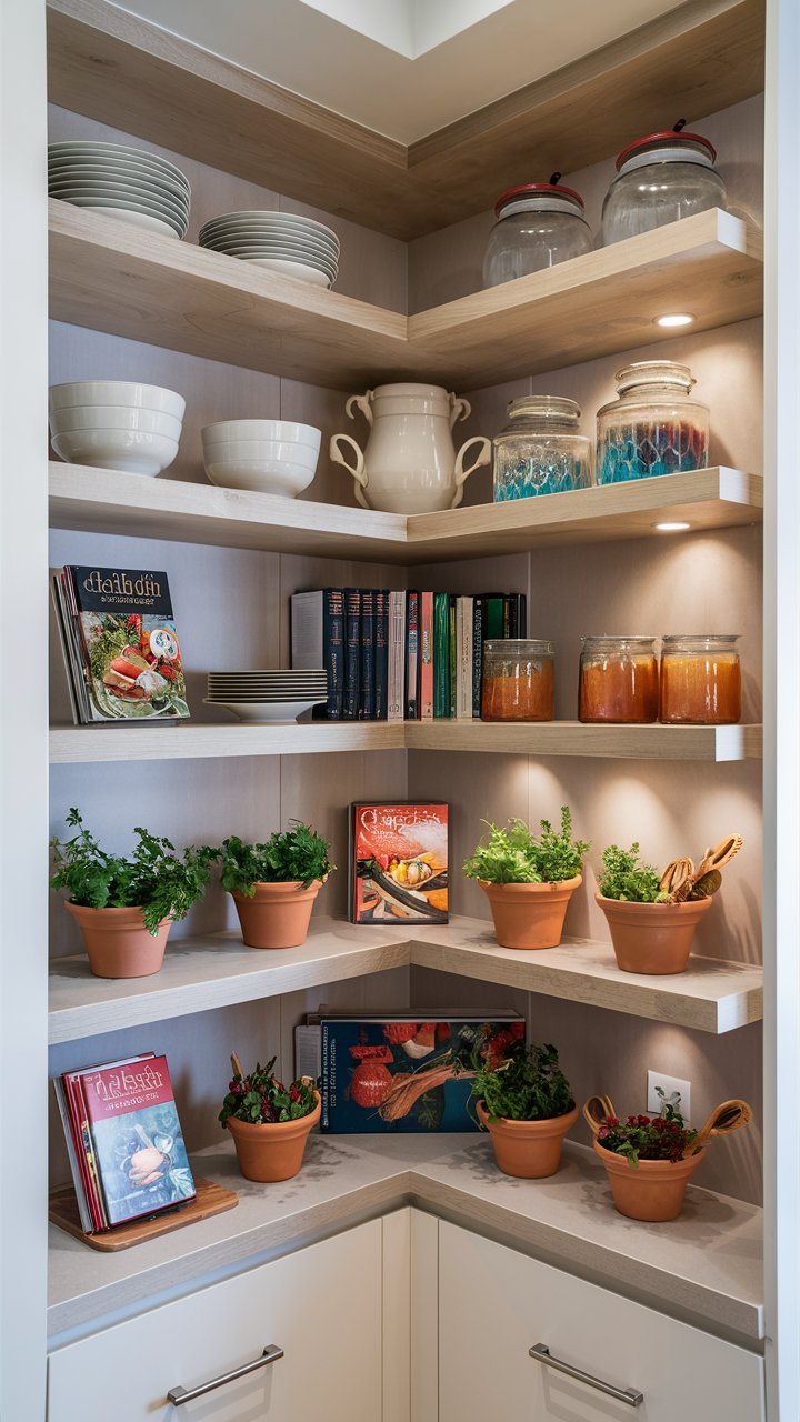 3. Open Corner Shelves Instead of Upper Cabinets