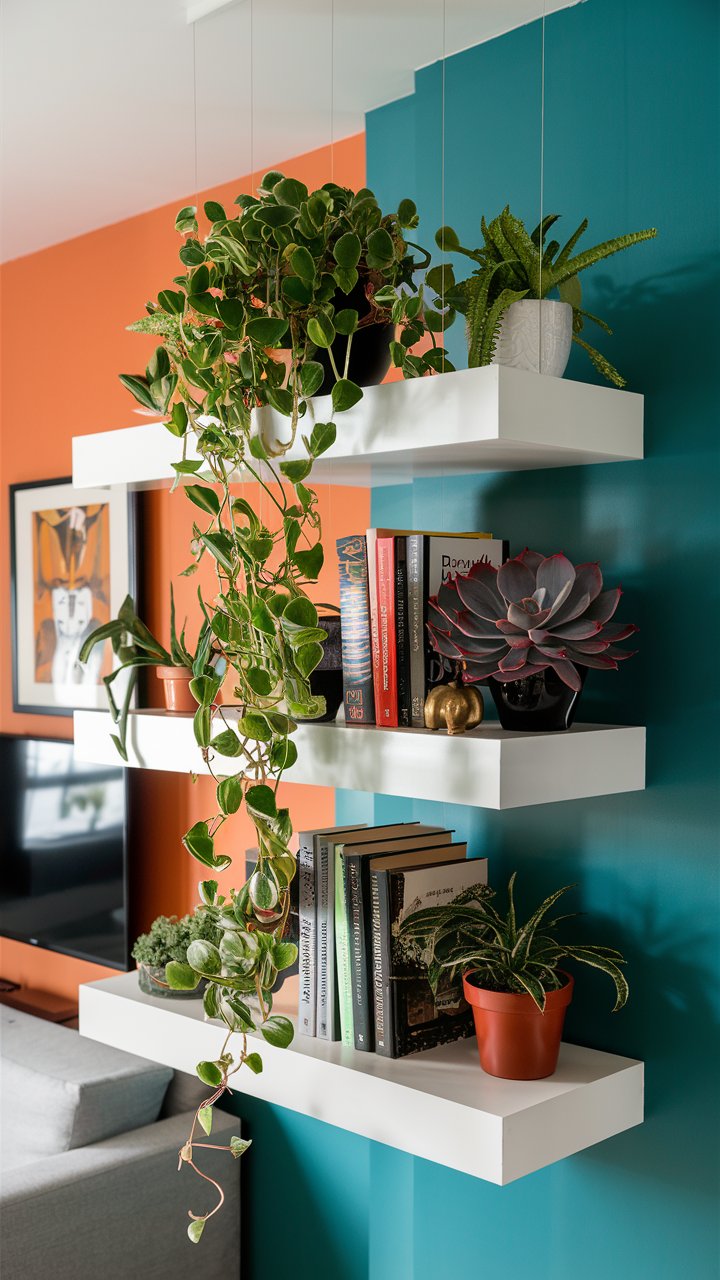 3. Floating Shelf Trio with Small Potted Plants
