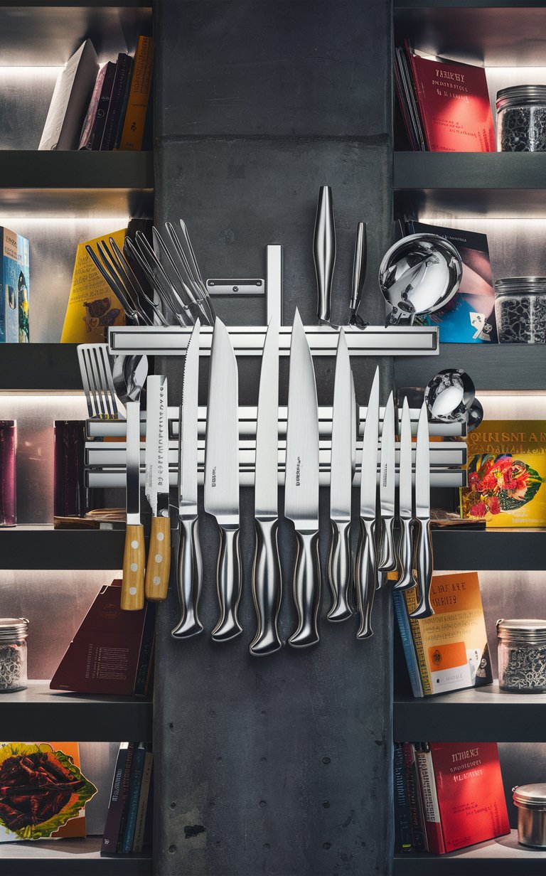 13. Wall-Mounted Magnetic Rack for Knives and Utensils