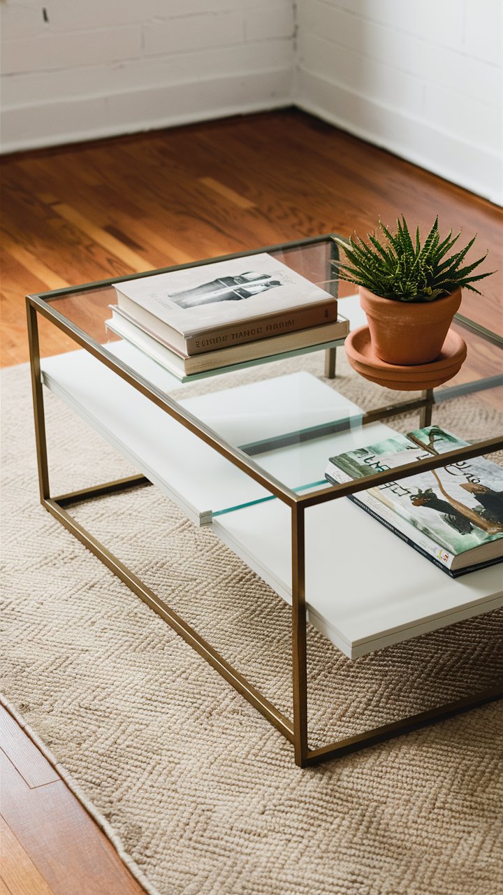 8. Minimalist Coffee Table with Metal Frame and Glass Top