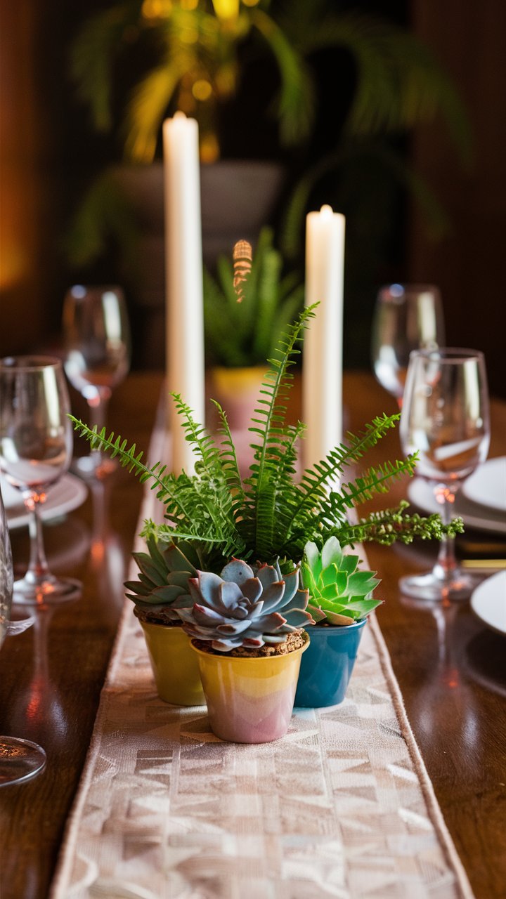 18. Dining Table Runner of Mixed Miniature Potted Greenery