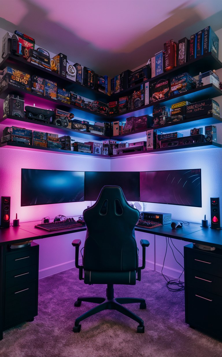 2. RGB Corner PC Battlestation with Floating Shelves