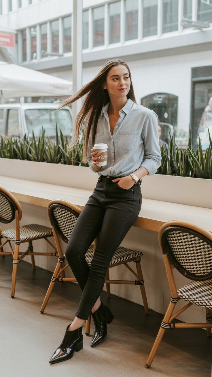 7. Chambray Shirt with Black Jeans and Booties