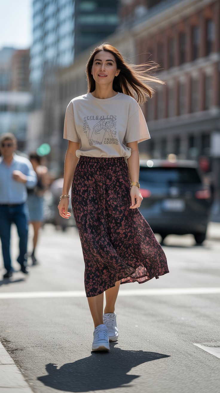 3. High-Waist Skirt Paired with a Graphic Tee and Sneakers