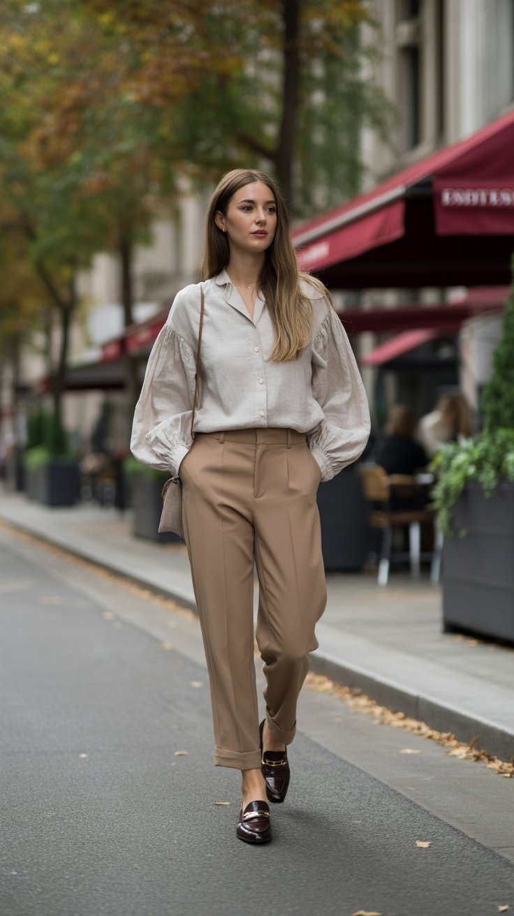 3. Linen Blouse with Camel Trousers and Loafers