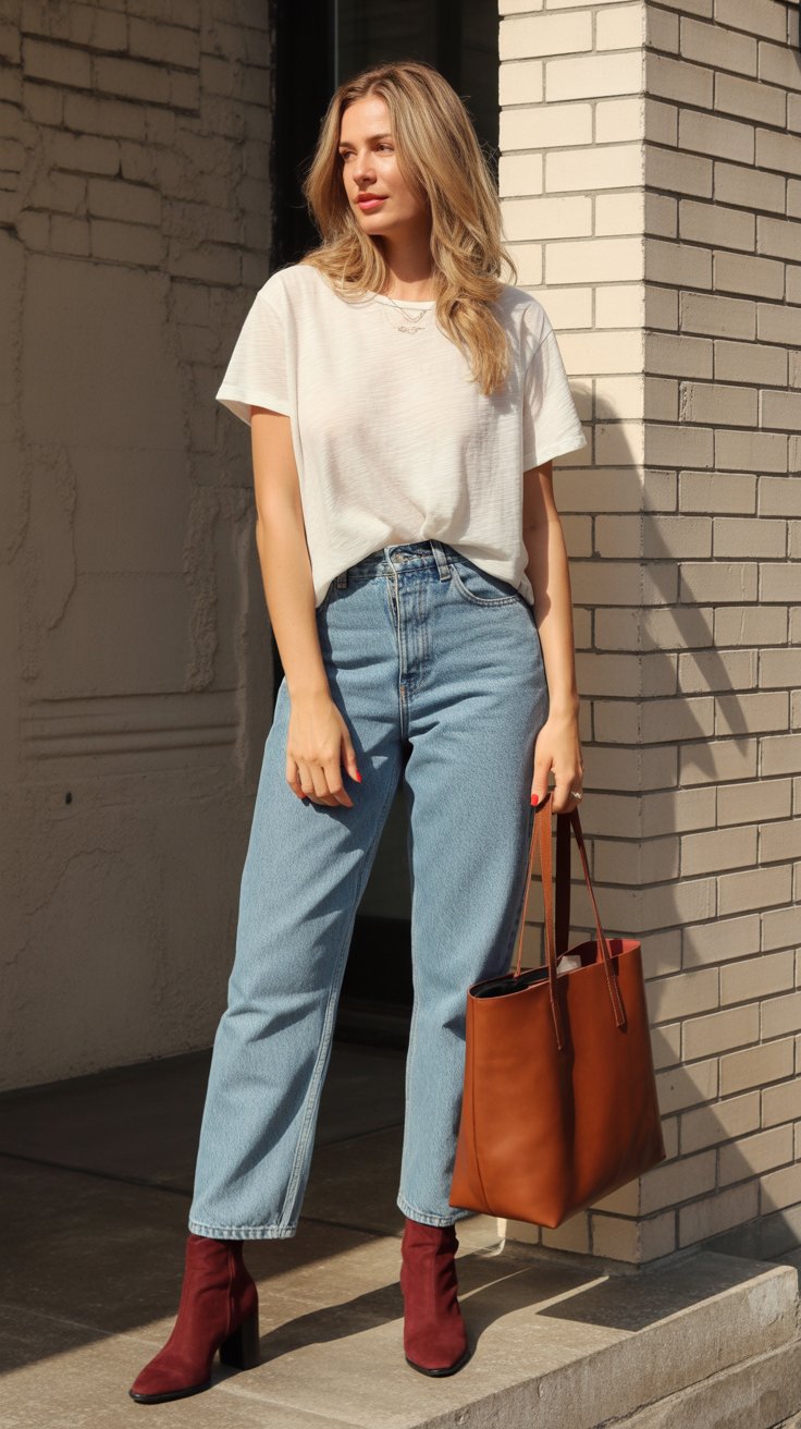 1. White Tee with Straight-Leg Jeans and Ankle Boots