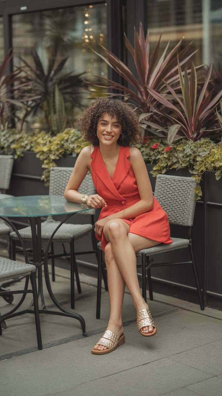9. Sleeveless Romper with Slide Sandals and Gold Accessories