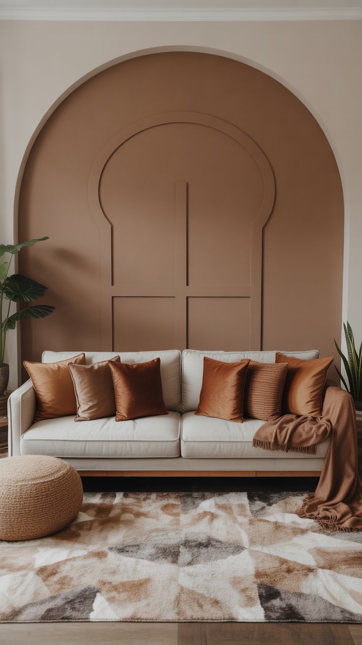 8. Warm Taupe Feature Wall Behind a Low‑Profile Couch