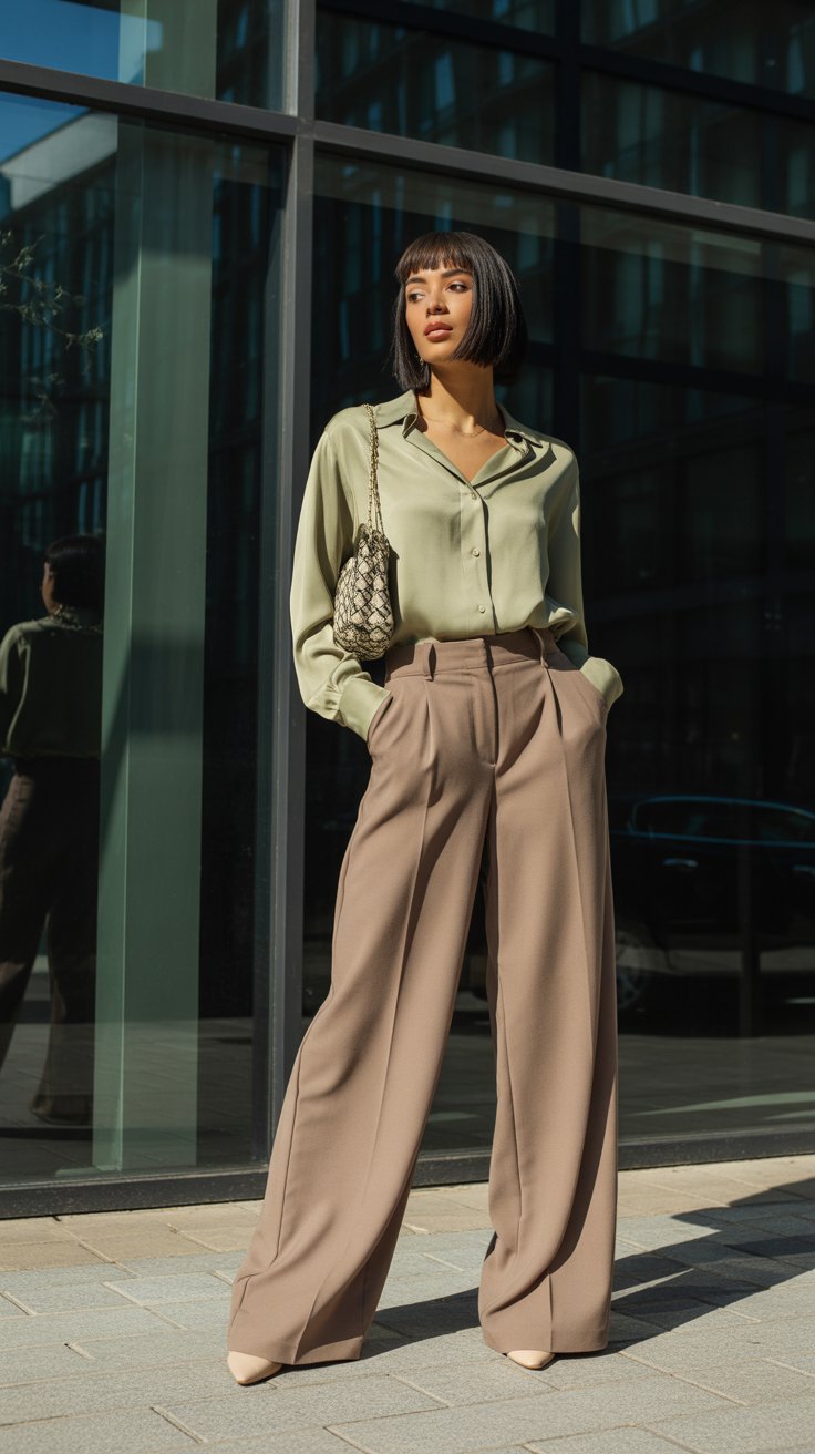 10. Button-Up Blouse Tucked into Fall-Neutral Wide Legs