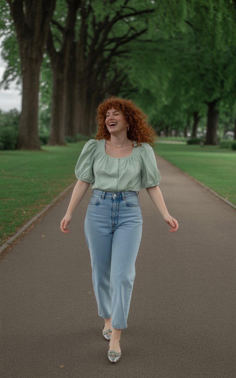10. Pastel Dill‑Green Puff‑Sleeve Blouse Tucked into High‑Waist Jeans