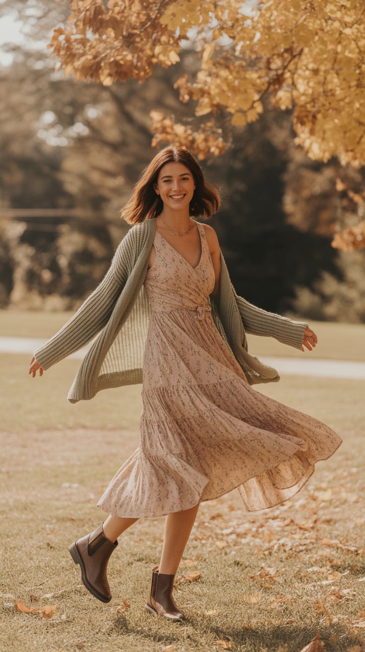 2. Midi Wrap Dress with Lightweight Cardigan